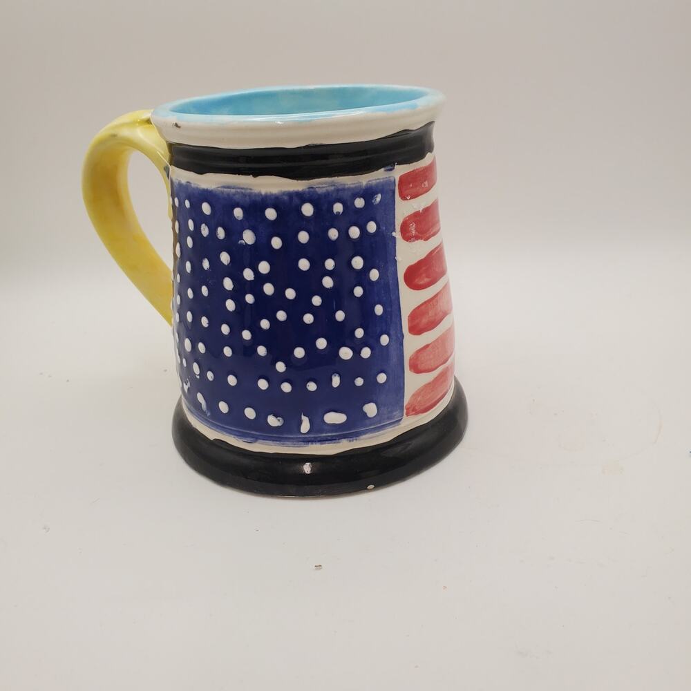 Vintage Studio Pottery Patriotic Mug Signed B Turan Star Spangled Flag Americana